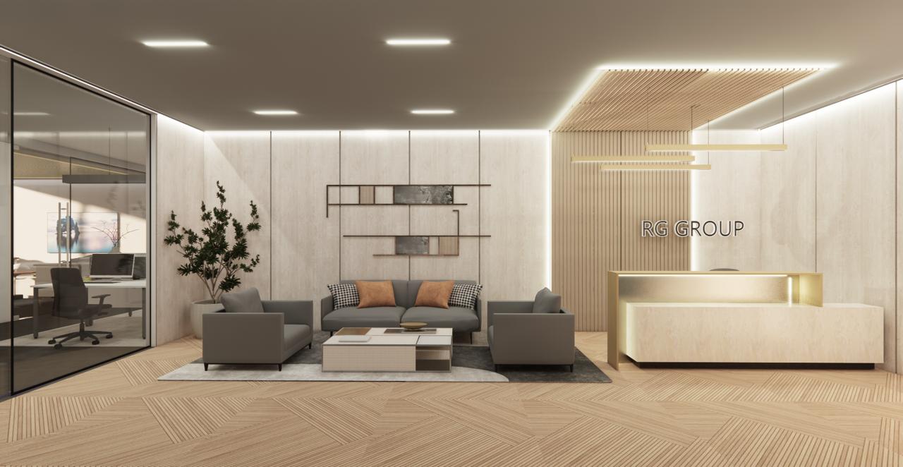 Modern office lobby with reception desk